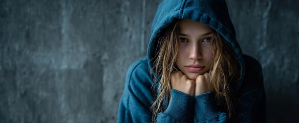 Depressed young woman in blue hoodie sitting on floor with hands covering face against grey wall, symbolizing sadness, loneliness, and mental health struggle concept
