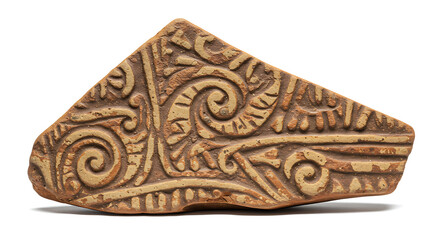 Triangular pottery fragment with swirling carved patterns