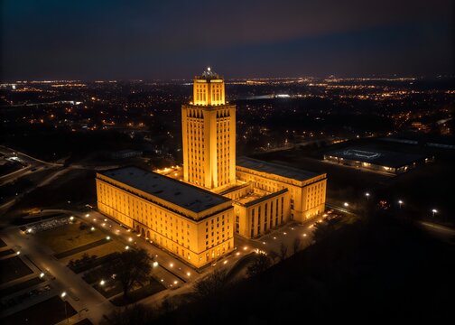 Latvian Academy of Sciences building illuminated at night Riga cityscape aerial view