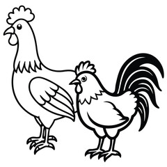 Charming rooster and chicken farm animal illustration with vibrant colors and classic typography