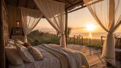 Bedroom with canopy bed overlooking ocean at sunset with wooden deck and tropical vegetation view