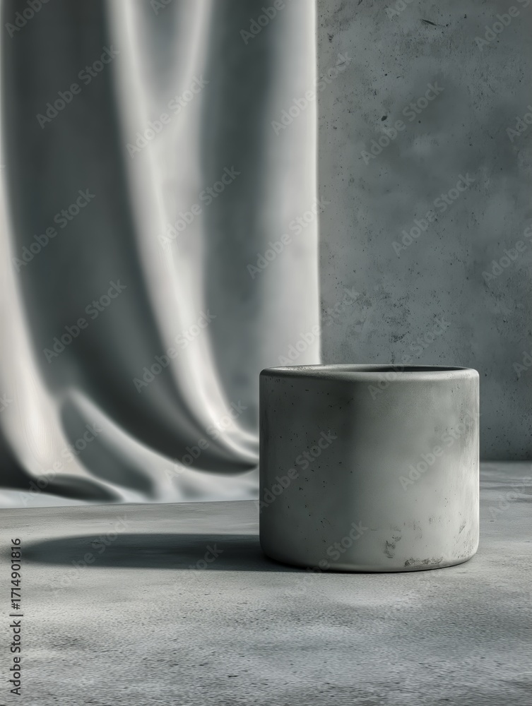 Poster minimalist concrete planter on a smooth surface with soft drapery behind it
