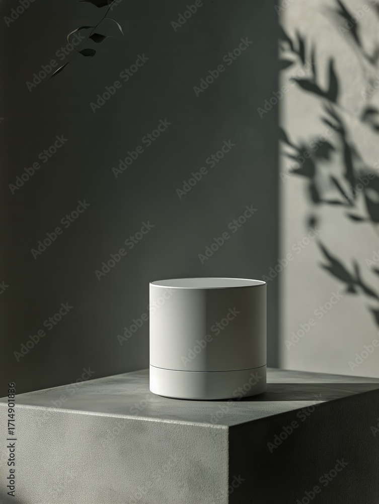 Poster minimalist concrete planter on a smooth surface with soft drapery behind it.
