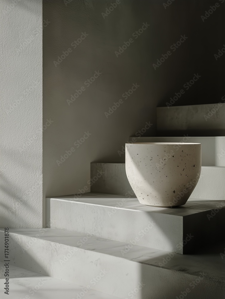 Poster unique concrete planter displayed on a minimalistic shelf in a sunlit corner.