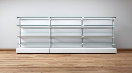 Modern Empty Retail Display Shelf with White Base and Clear Glass Shelves on Wooden Floor – Perfect for Product Showcase, Store Interior Mockup, or Minimalist Exhibit Design in Bright Studio Light