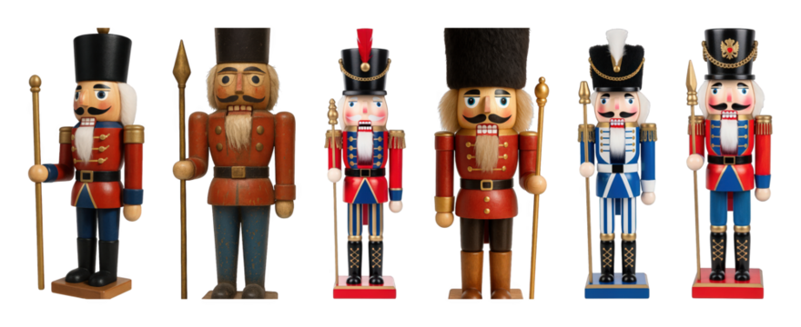 Traditional wooden nutcracker set including various soldier, king, and festive designs isolated. Classic Christmas and holiday decoration collection.