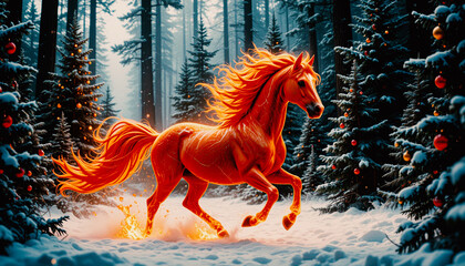Year of the Red Fire Horse 2026. A mythical fire horse gallops through a snowy forest amid decorated Christmas trees. A symbol of the Chinese zodiac. 