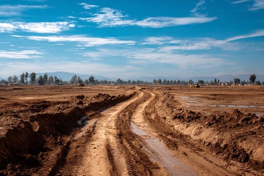 Construction site with a dirt road, visible tire tracks, and heavy equipment moving earth