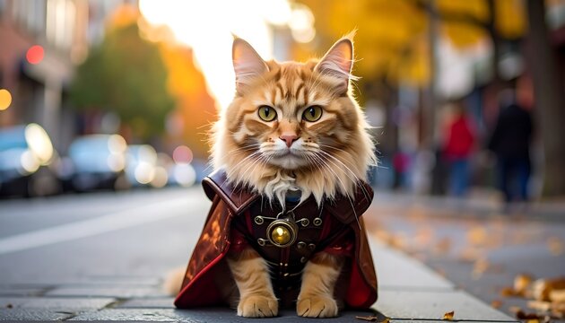 Ginger cat in superhero costume on city street - Powered by Adobe