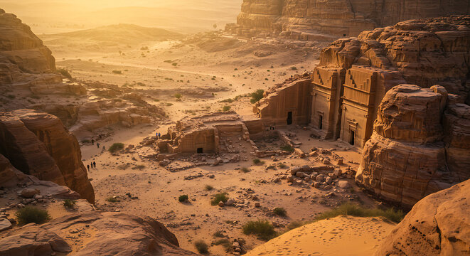 Vast desert landscape with ancient nabataean rockcut tombs at petra