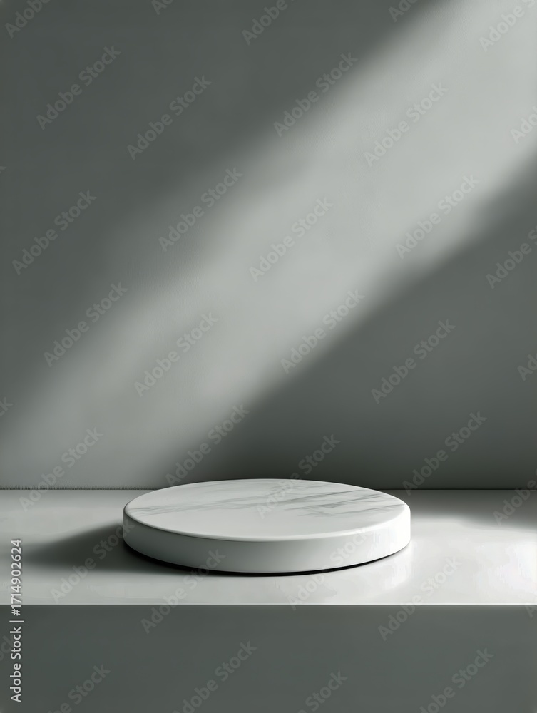 Poster minimalist display of a round marble piece on a gray surface with soft lighting