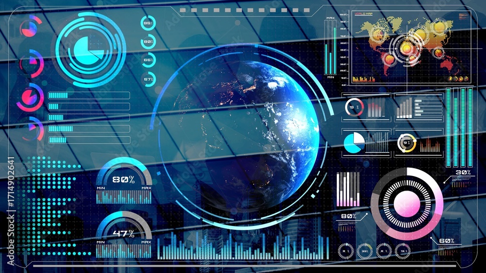 Poster high-tech global network connection interface showing worldwide digital communication, data exchange