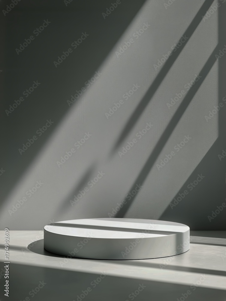 Poster minimalist display of a round marble piece on a gray surface with soft lighting.