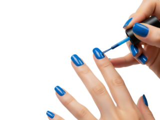 Hand carefully applying bright blue nail polish on fingernails during manicure beauty routine with precision focus