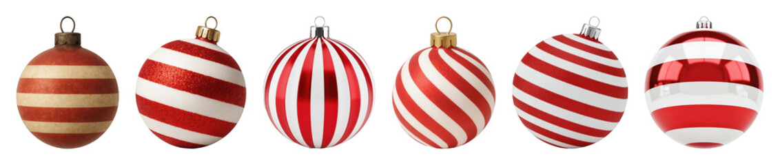 Christmas ornament set including red and white striped, glitter, glossy, and matte finishes isolated. Festive holiday season decoration.
