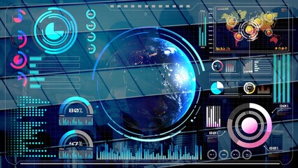 High-tech global network connection interface showing worldwide digital communication, data...