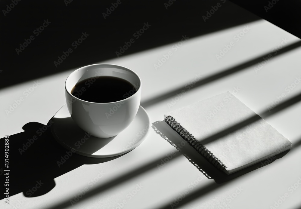 Poster coffee cup and notepad on a table with soft shadows in a minimalistic room setting.