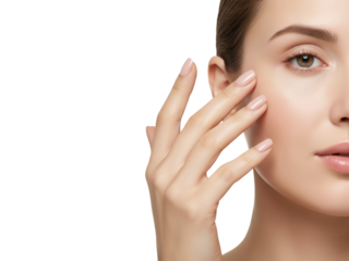 Woman touching her smooth skin with gentle hand,, natural beauty, elegance, softness, calm expression. Woman massaging her face