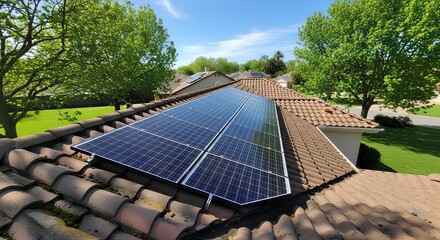 Solar panels installed on tiled residential rooftop for green energy