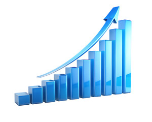 Blue bar graph with upward trending arrow isolated on transparent background