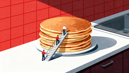 Obraz premium Mini Workers Exploring Giant Pancakes