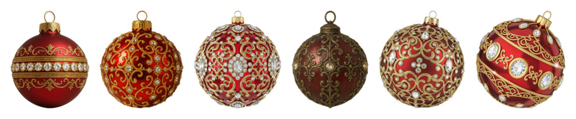 Christmas ornament set including jeweled, antique-style, and gold filigree designs isolated. Holiday season decoration and luxury festive element.