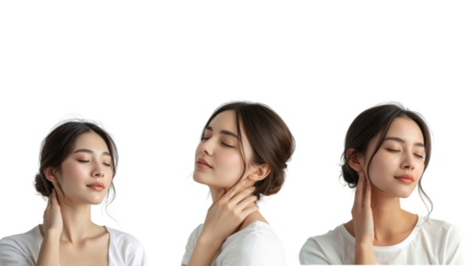 Woman touching neck on transparent background png