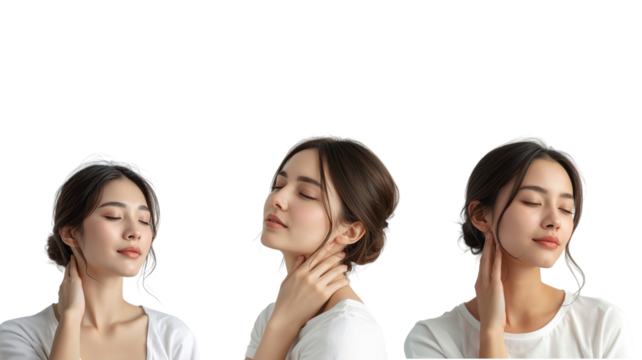 Woman touching neck on transparent background png