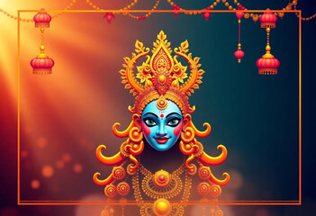 Fototapeta premium Happy Durga Puja Festival Greeting Background Template Design with Hindu Goddess Durga Face Illustration