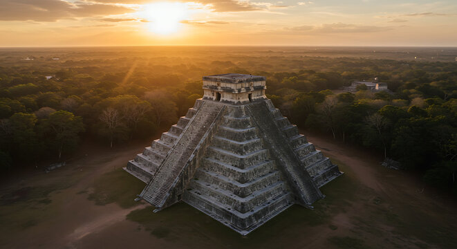 Chichen itza pyramid at sunrise, a mayan archaeological site in mexico