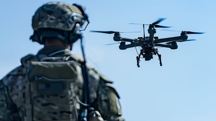 Silhouette of a soldier managing drones for military combat and reconnaissance missions