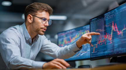 Blockchain Technology Advancement: Scandinavian Male CTO Demonstrates Decentralized Finance Solutions on Multi-Screen Dashboard Setup. Using Blockchain Analytics Platform He Illust