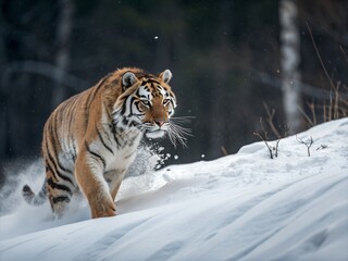 Siberian Tiger Prowling Through Deep Snow in a Winter Forest Landscape