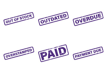 Purple Rubber Stamps with Grunge Texture Featuring Various Business Terms on White
