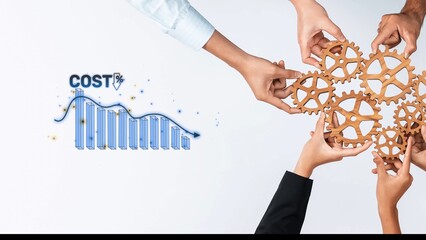 A creative depiction of hands joining gears alongside a cost graph illustrates teamwork and...