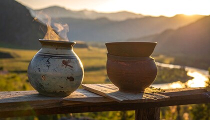Two earthenware pots on a wooden railing at sunset overlooking mountains and a river
