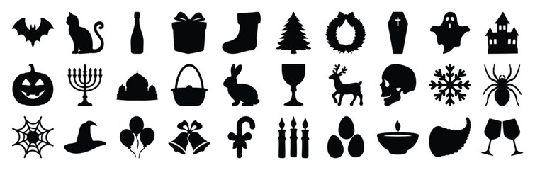 Holiday and celebration silhouette icons collection, Black silhouette icons featuring holidays and celebrations including Halloween, Christmas, Easter, Hanukkah, and New Year designs for decoration