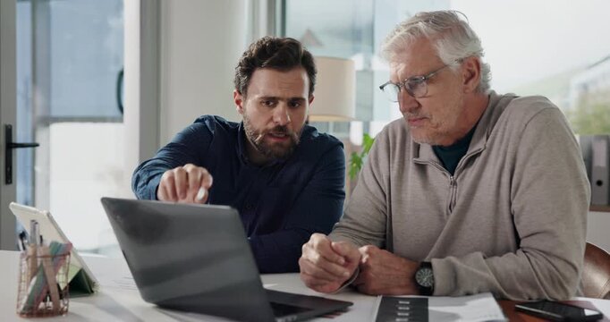 Business, laptop and men with teamwork, conversation and help with copywriting. People, journalist and employees with pc, ideas and feedback for newsletter, company website layout or online magazine
