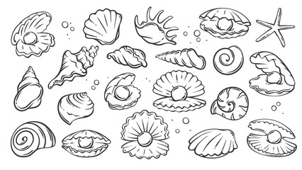 Sea and beach shells line icons set. Outline hand drawn seashells collection with starfish and scallop, oyster with pearl and conch. Nature mascots, aquatic simple shells icons vector illustration