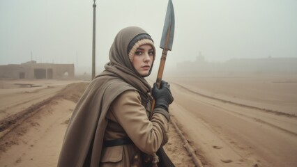 Guerilla warrior in the desert, armed with a shovel for defense. 