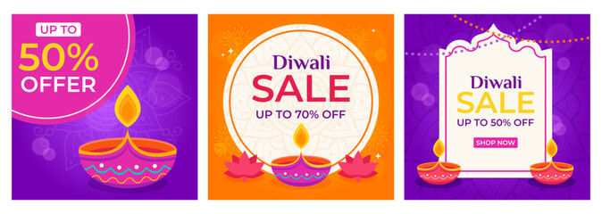 Diwali sale discount banners. Festival of lights promotional posters with diya lamps, mandala ornaments and holiday offers. Vector template for festive shopping ads.