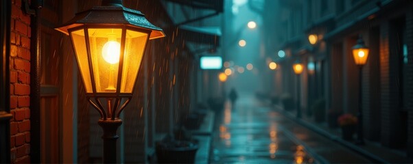Vintage Cyberpunk Streetlamp Rainy Urban Scene