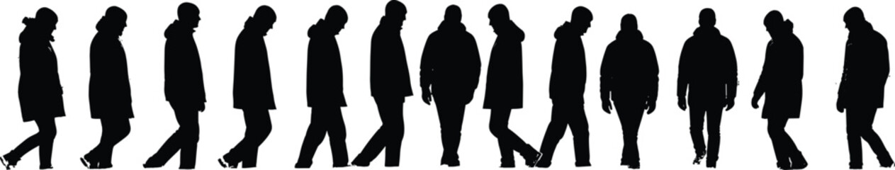 Silhouette of walking people in row, human figures, urban lifestyle, pedestrian movement, crowd illustration, black outline