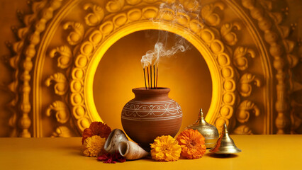 Festive Still Life with Incense and Flowers for Durga Puja Celebration