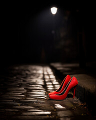 Red heels under lone streetlamp, cobblestones gleam after rain, heels rest by curb, heels evoke romance and mystery, quiet old town fades into night, soft bokeh in distance, cinematic noir vibe
