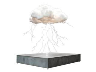 Dramatic storm cloud with lightning striking a futuristic grey platform during a dark night