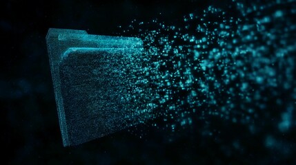 Digital folder disintegrating into particles on a dark background with a teal color scheme