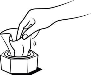 Hand pulling wet wipe from dispenser for cleaning and sanitation