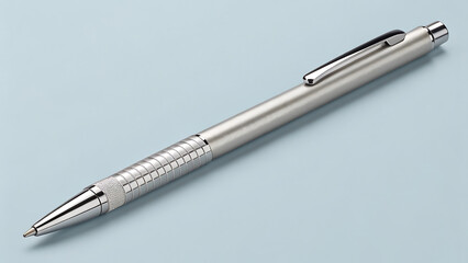 Sleek Metallic Pen: The clean lines and polished surface of this ballpoint pen showcase minimalist elegance and a sophisticated aesthetic against a light blue backdrop.