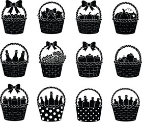Black silhouette gift baskets collection with bottles, flowers, pumpkin, wrapped presents, decorative bow icons, festive holiday celebration, vector illustration design